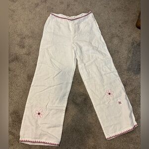 White Linen Pants with Pink floral Embroidery